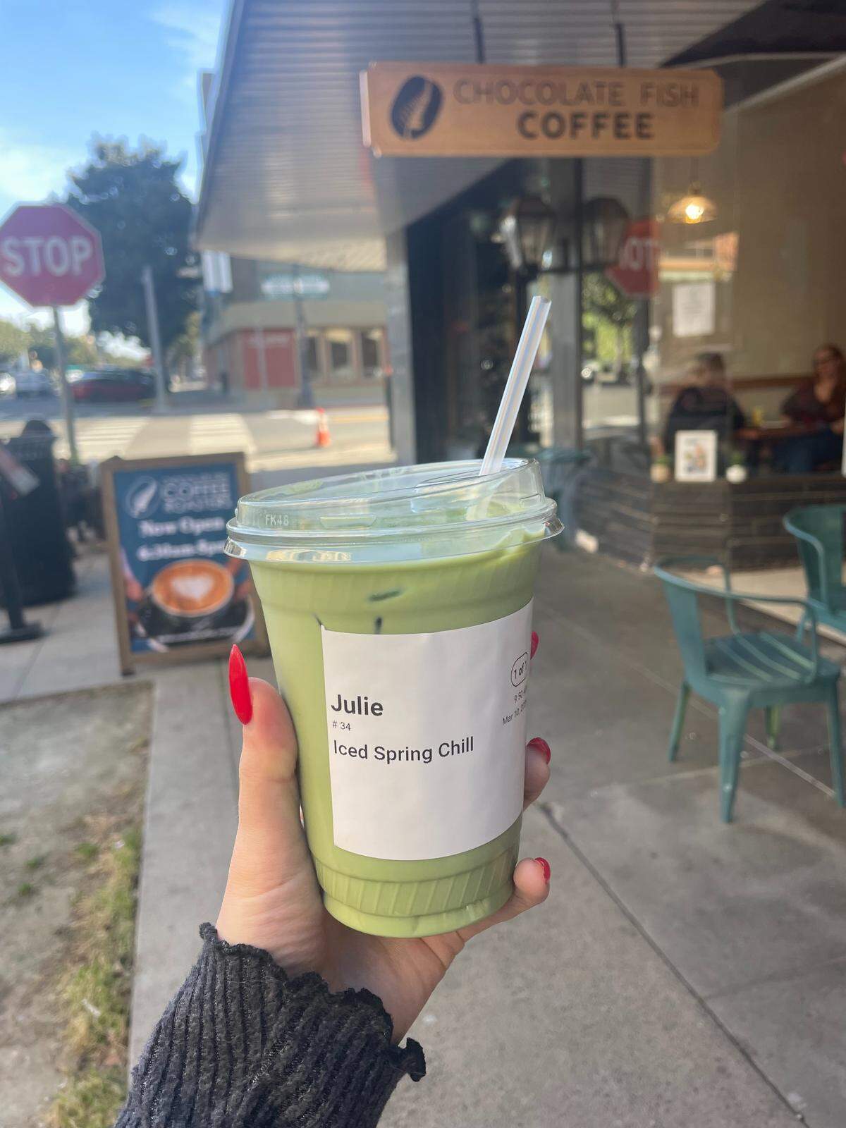 The iced spring matcha drink from Chocolate Fish Coffee Roasters in Modesto