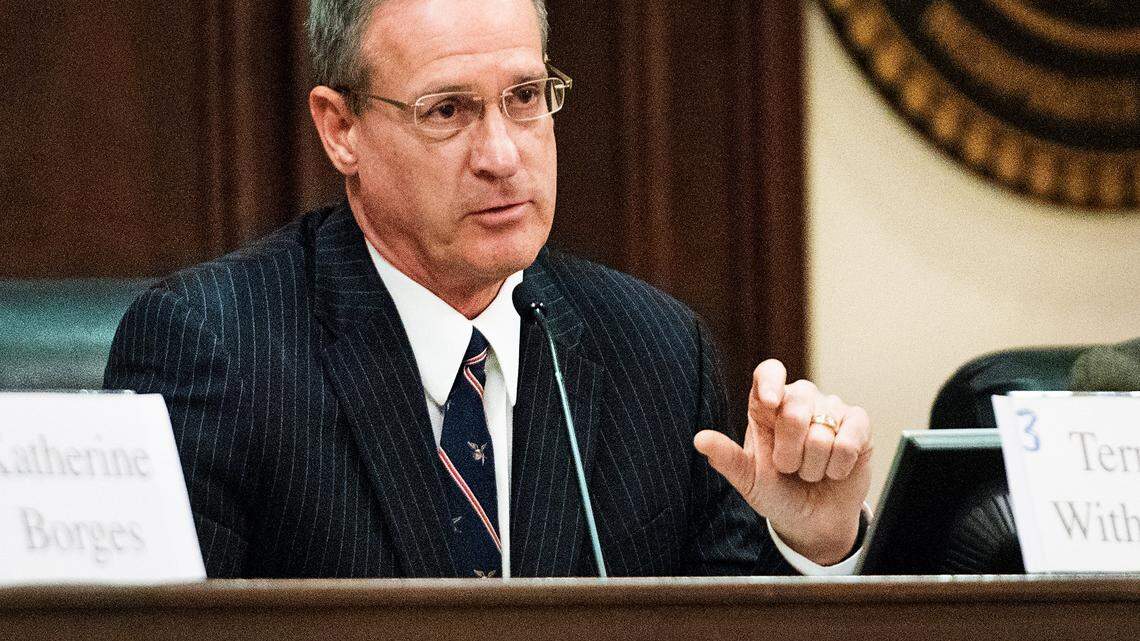 Board of Supervisors District 3 incumbent Terry Withrow responds to a question during a League of Women’s Voters sponsored candidate forum in Modesto, Calif., on Wednesday, April 11, 2018.