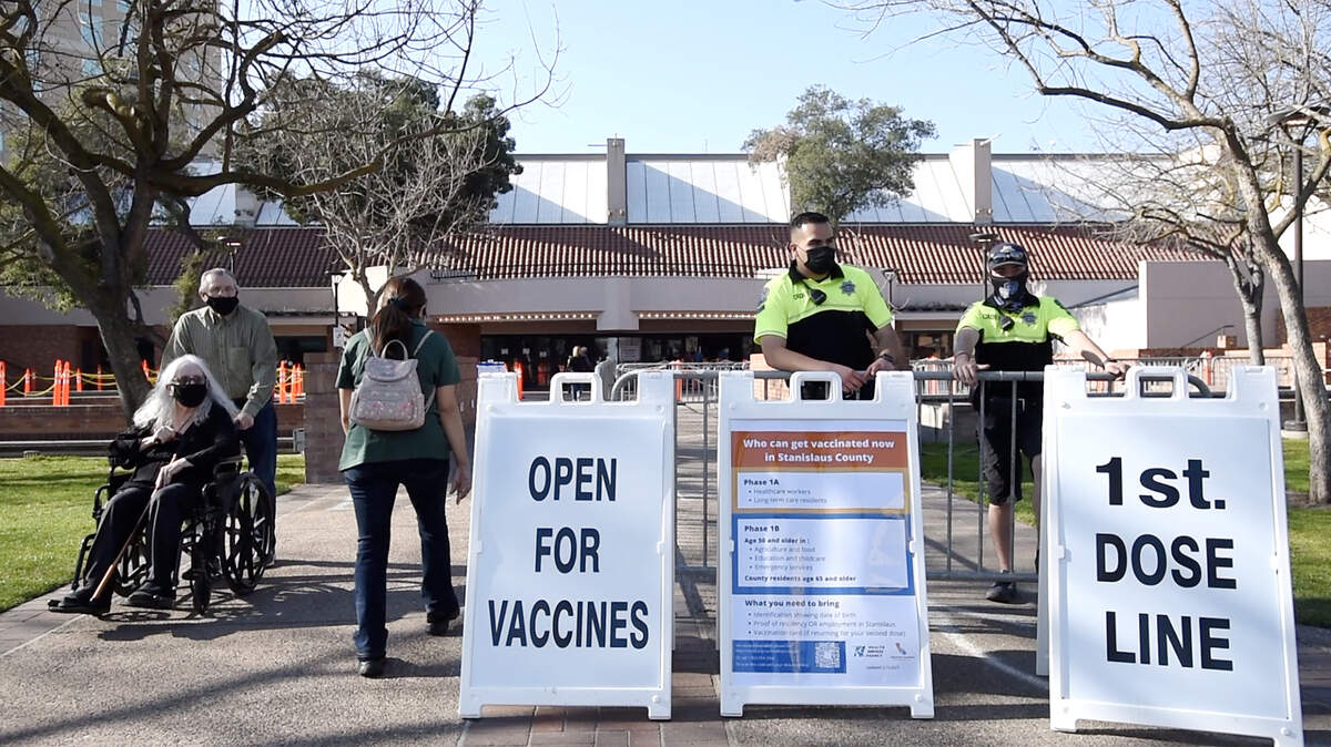 County COVID-19 vaccination clinic at Modesto Centre Plaza in Modesto, Calif., on Thursday, March 4, 2021. The free clinics serve county residents age 65 and older and employees of any age in the Phase 1A and Phase 1B sectors.