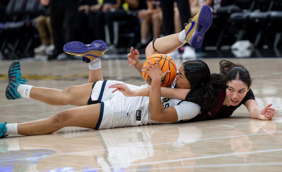 Central Catholic’s Samantha Nichols steals the ball from West Campus’ Naomi Johnson in the Sac-Joaquin Section Division IV championship game at the Golden 1 Center in Sacramento, Friday, Feb. 27, 2026.