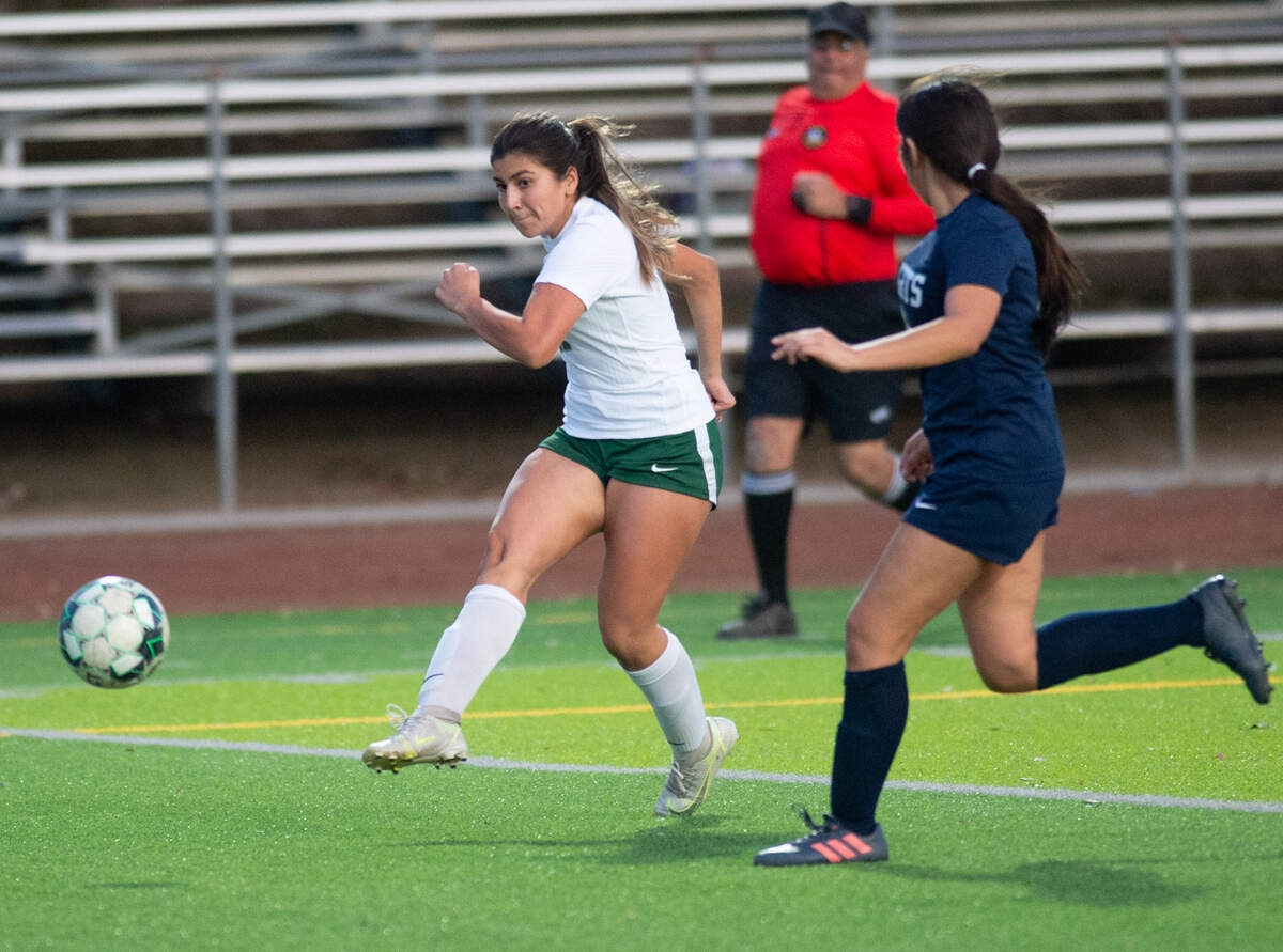 Pitman’s Tianna Karr takes a shot on goal during the Central California Athletic League game with Downey at Downey High School in Modesto, Calif., on Tuesday, Jan. 4, 2022. Pitman won the game 6-0.