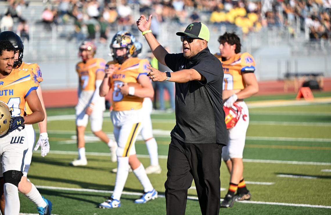 South co-head coach Tim Garcia (Grace Davis) before the Central California Lions All-Star Football Game at Tracy High School in Tracy, Calif., Saturday, June 24, 2023.