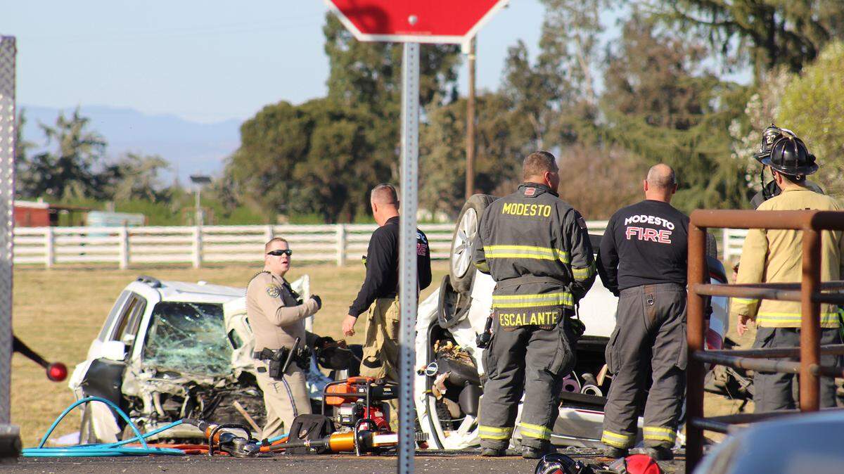 Authorities investigate a fatal crash at Bentley and Patterson roads between Riverbank and Oakdale, Calif., on Saturday, March 12, 2022.
