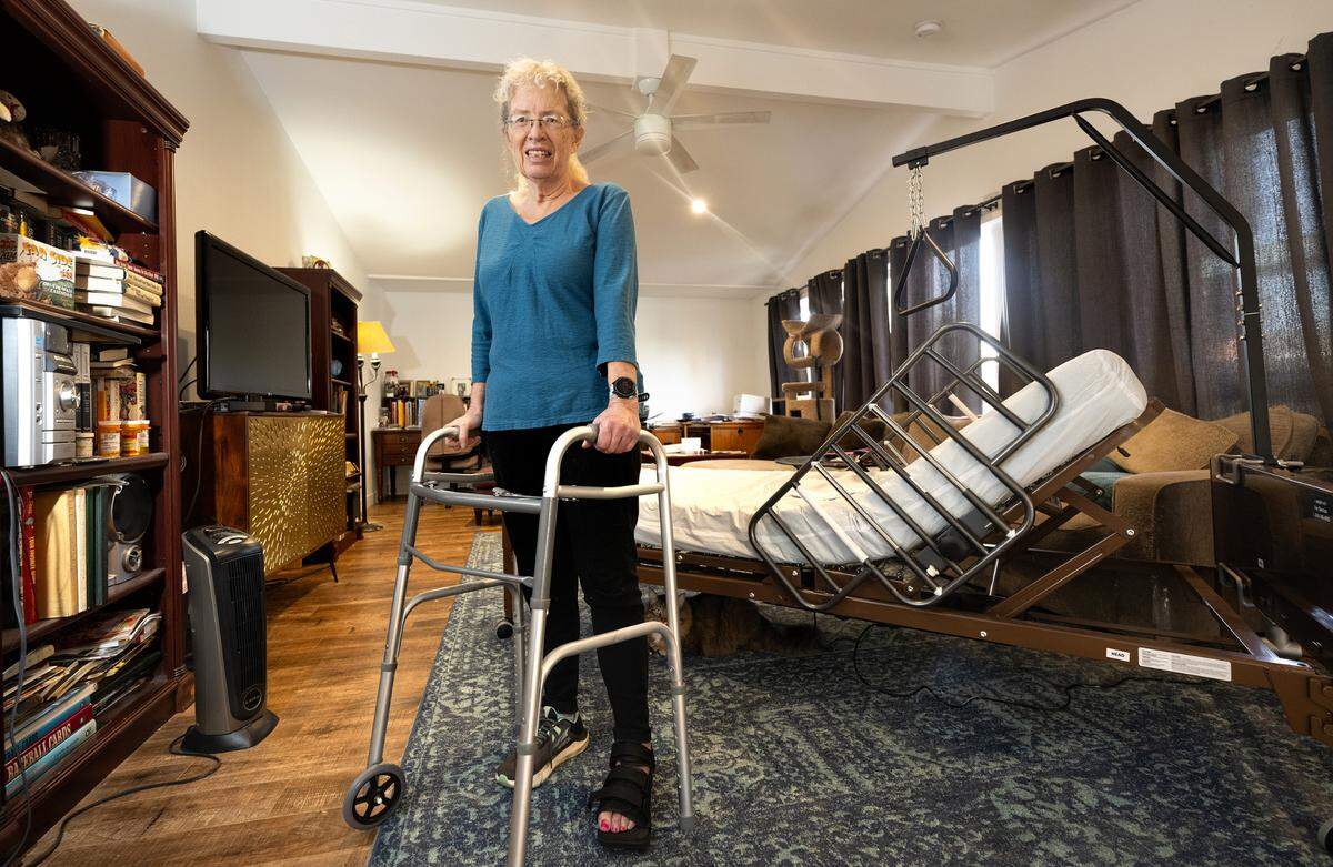 Robyn Aye was injured in a hit and run accident while riding her bicycle near Ripon in October of last year. She suffered major injuries to her left leg, ankle, Achilles tendon, sternum, pelvis and left hand. She had 17 broken bones and required 14 units of blood at the hospital. Aye was hospitalized for more than a month, and has 18 pins from her pelvis to her ankle. Photographed in Modesto, Calif., Wednesday, Jan. 17, 2024.