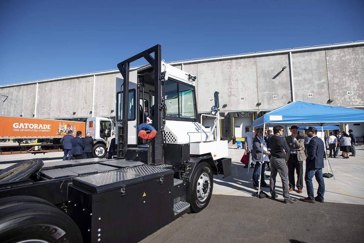 An electric yard truck sits at the Frito Lay plant where the company announced that it will use an entirely sustainable fleet of vehicles at their Modesto plant in Modesto, Calif., Thursday, Oct. 3 , 2019. The Modesto plant will use electric Tesla semi trucks and other production vehicles as part of a $30 million project to convert its entire diesel fleet to sustainable vehicles.