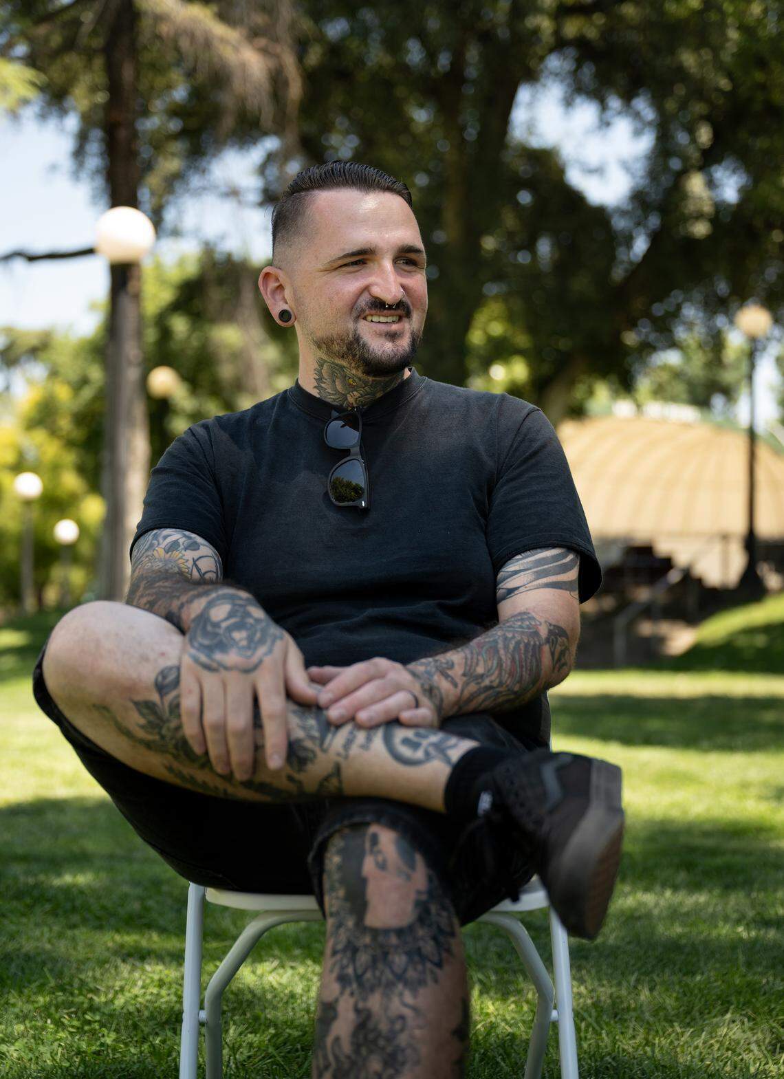 Tattoo artist Richard Ruiz at Graceada Park in Modesto, Tuesday, Aug. 12, 2025.