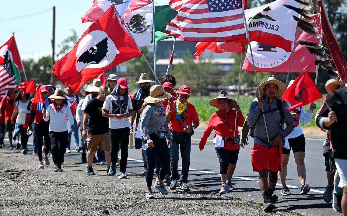The United Farm Workers and its supporters “March for the Governor’s Signature” in French Camp, Calif., on August 20, 2022. The 24-day march, a 335 mile trek from Delano to Sacramento began on August 3. The union hopes Gov. Gavin Newsom will sign Assembly Bill 2183 which would amend the California Labor Code to allow farmworkers to vote by mail or by dropping off their ballots at designated locations.
