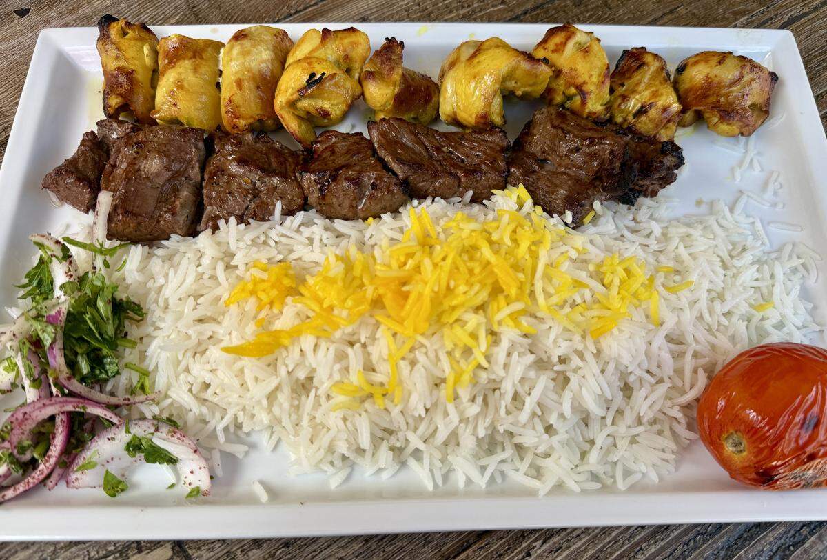 A chicken and shish kabob and rice plate at Kabob Place Mediterranean Grill in Turlock