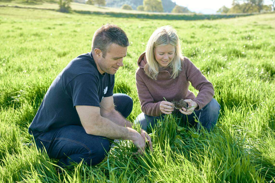 Jason Diestel and his sister, Heidi Diestel, examine soil at their family’s turkey ranch near Sonora, California. The company launched a “regenerative” label on July 16, 2024.