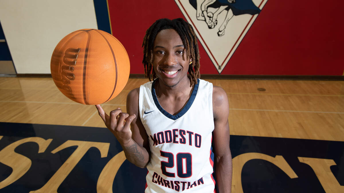 Modesto Christian shooting guard BJ Davis is boys basketball player of the year. Photographed at Modesto Christian High School in Modesto, Calif., Tuesday, March 28, 2023.