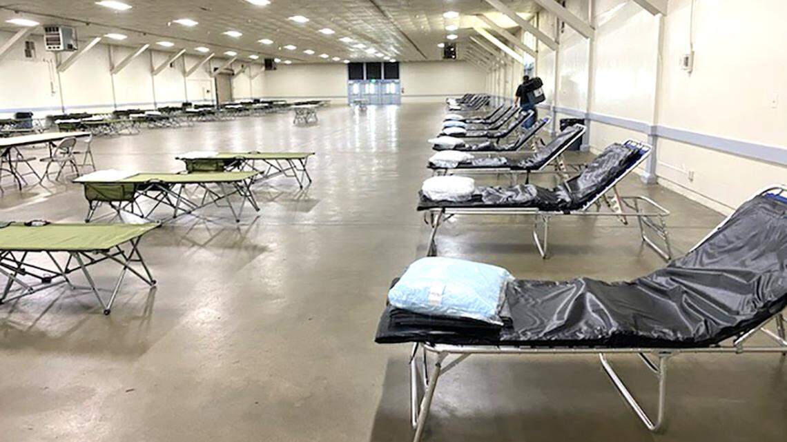 An overflow homeless shelter at an exhibit hall on the Stainslaus County Fairgrounds remains unused in Turlock, Calif. on April 19, 2021.