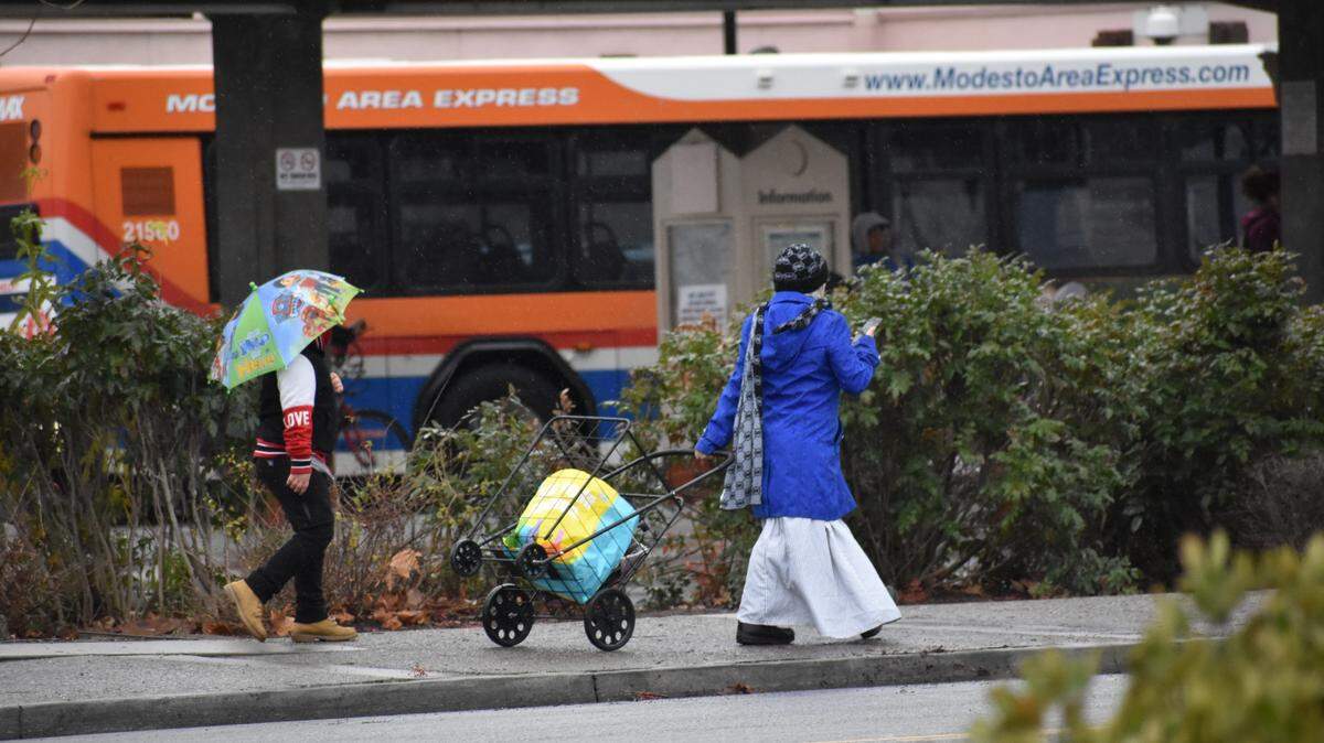 Just a sprinkle was falling in downtown Modesto midafternoon Sunday, Jan. 6, 2019.