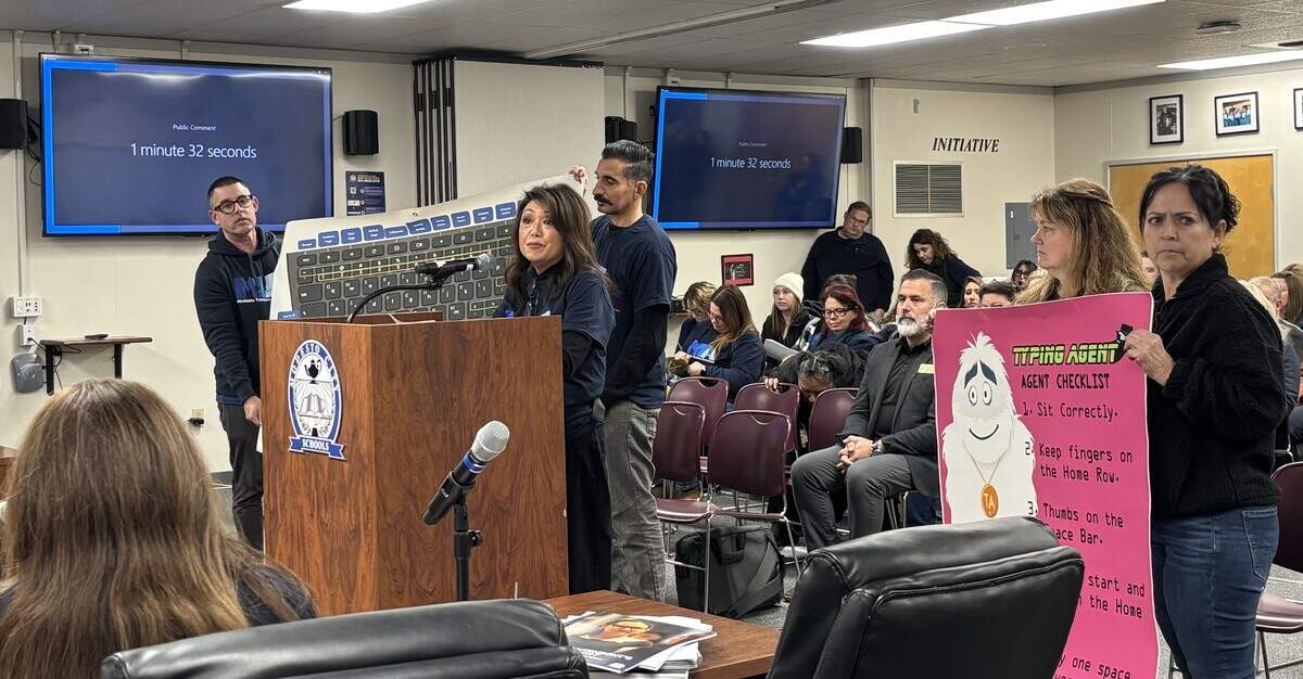 Yumi Soares, a computer literacy teacher at James Marshall Elementary, speaks at the Modesto City Schools Board of Education meeting Monday, Dec. 15, 2025.