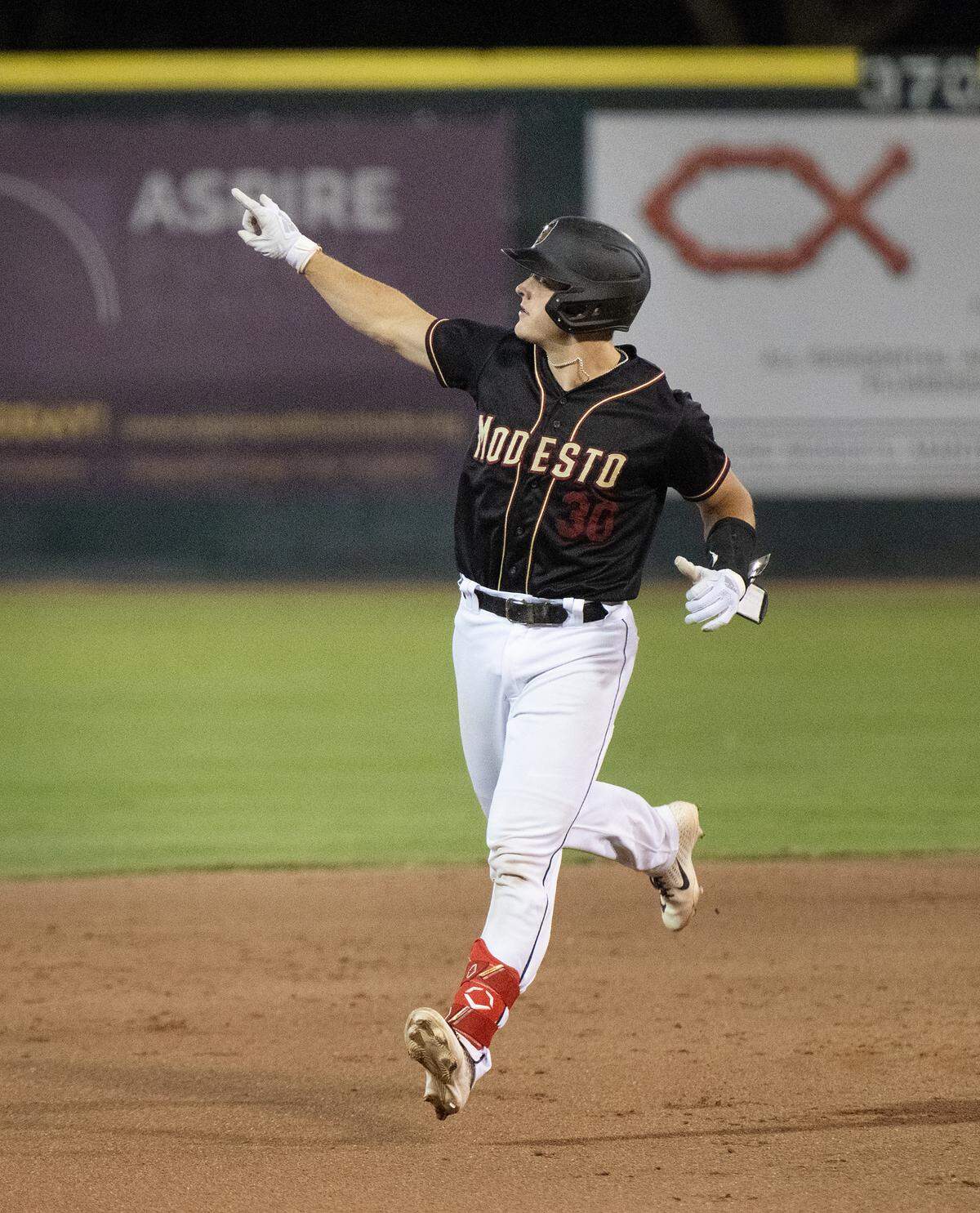Modesto Nuts’ Josh Caron rounds the bases after a home run during the California League Championship game with Lake Elsinore at John Thurman Field in Modesto, Calif., Tuesday, Sept. 17, 2024. Caron’s solo home run was one bright spot for the Nuts who lost to the Storm 9-2.