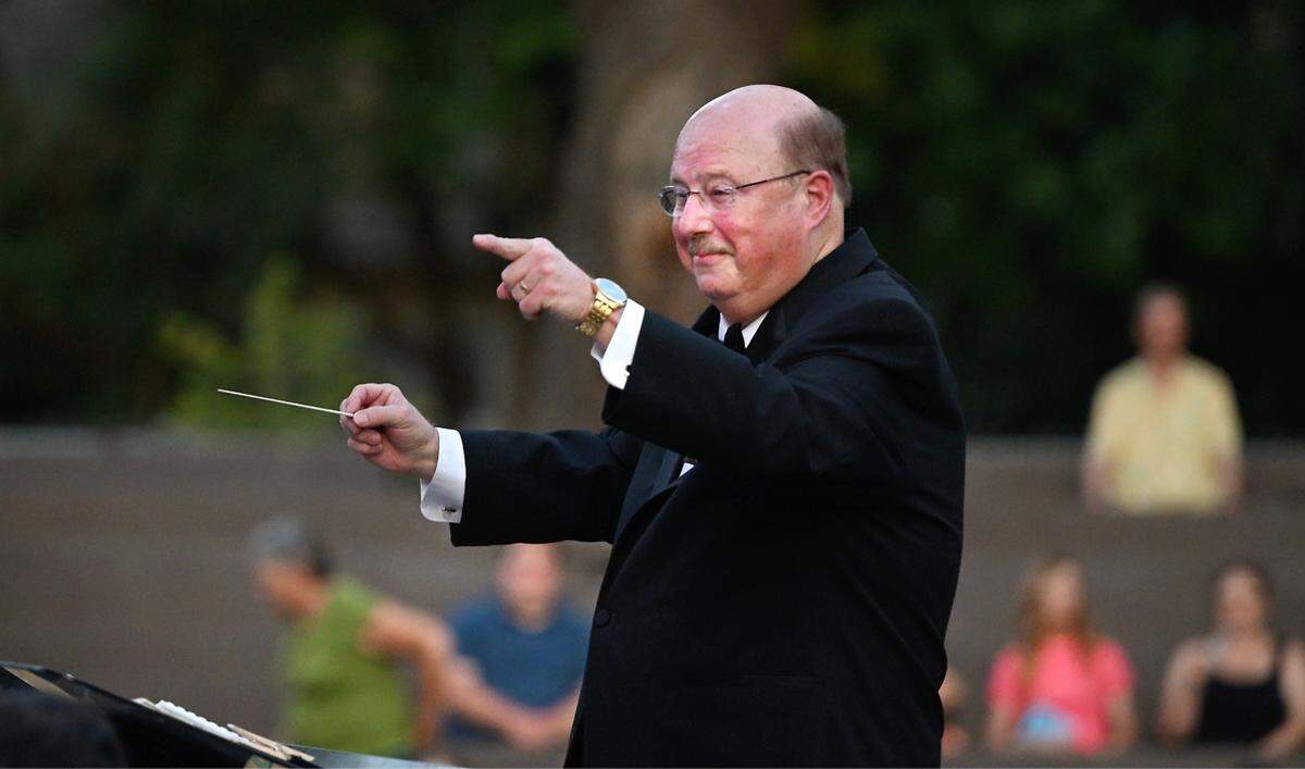 George Gardner during his final performance as conductor of MoBand at Mancini Bowl in Graceada Park in Modesto, Calif., Thursday, July 11, 2024.