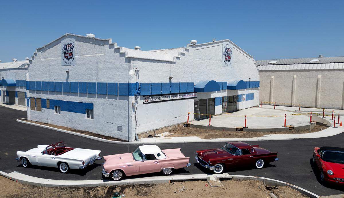 Members of the classic Thunderbird club parked at the Graffiti USA Classic Car Museum during a poker run in Modesto, Calif., Saturday, May 18, 2024.