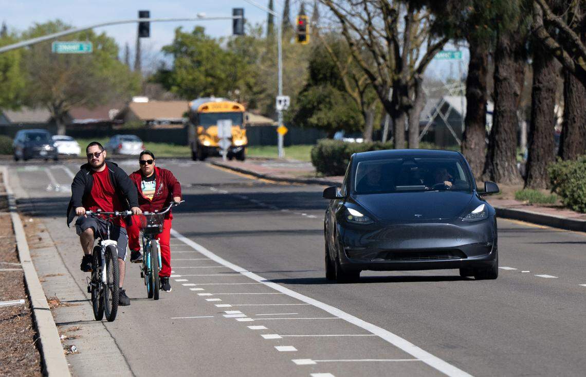 A bike lane on Standiford Avenue gives bikers a small buffer from motorists in Modesto, Thursday, March, 20, 2025. 