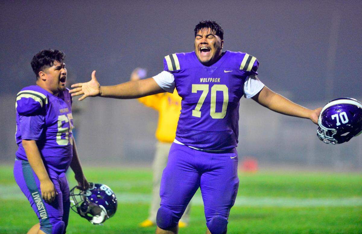 Livingston defensive tackle Adrian Perez (70) celebrates after winning a 2021 CIF Sac-Joaquin Division VI playoff game between Livingston High School and Waterford High School at Livingston High School in Livingston, California on November 12, 2021