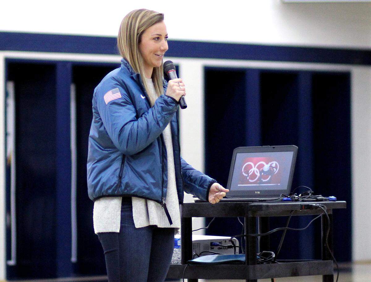 Olympian Kendall Wesenberg talks to students at Central Catholic High School on Friday morning in Modesto, Calif. Wesenberg visited the Modesto school as part of their career day activities.