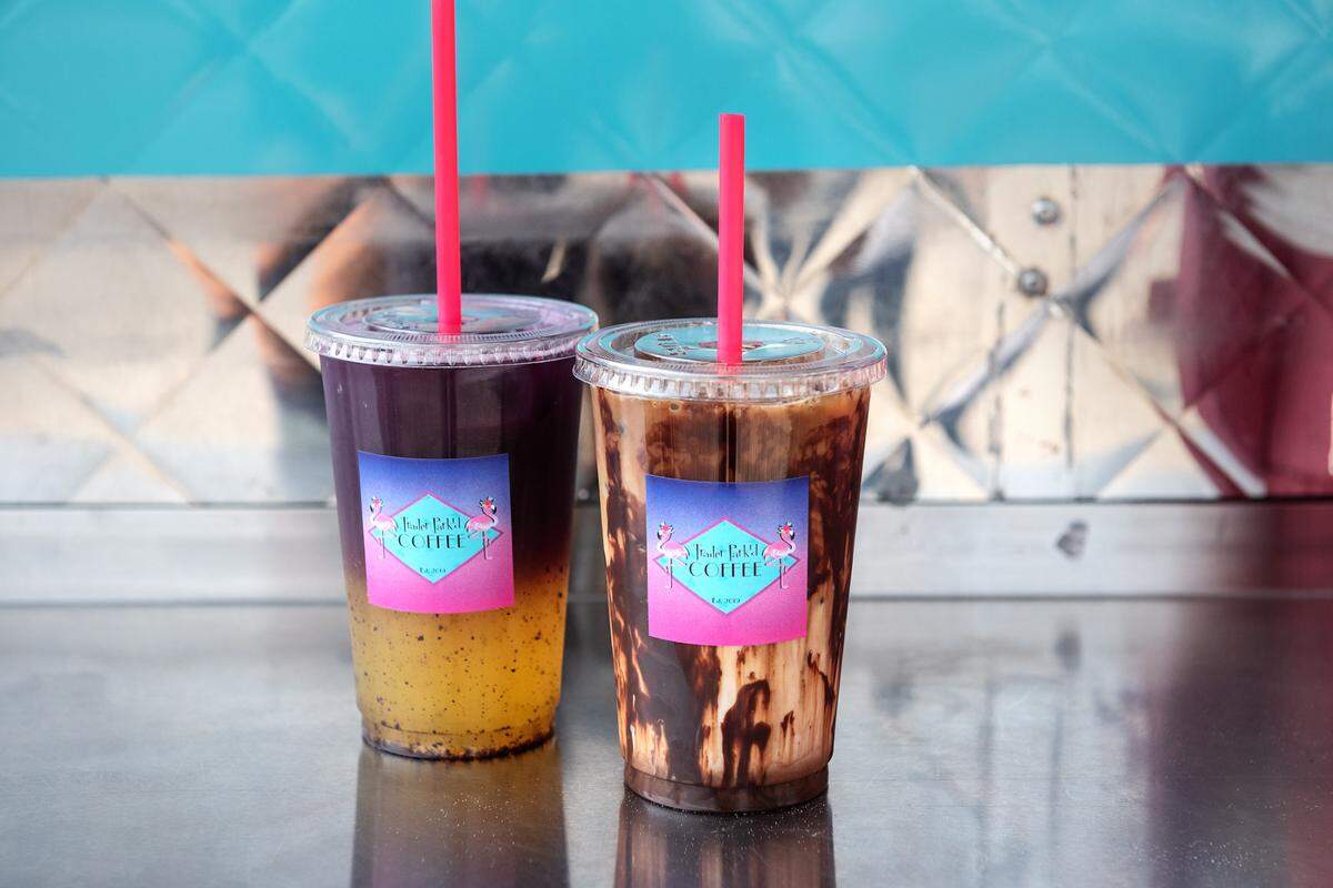 Flavored lemonade and iced coffee offered by Trailer Park’d Coffee at Zinc House Farm in Escalon, Calif., on Thursday, Aug. 12, 2021.