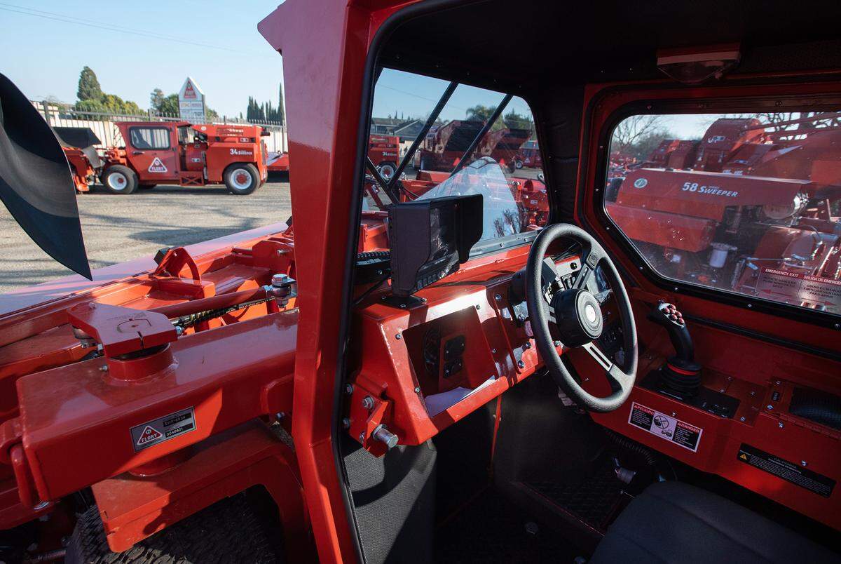 The cab of a sweeper at Flory Industries, makes nut harvesting equipment in Salida, Calif., Thursday, Feb. 9, 2023.
