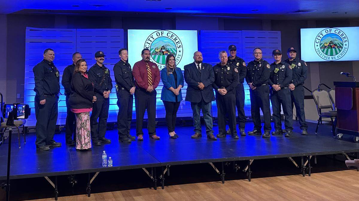 Ceres Mayor Javier Lopez with members of the City Council and the Modesto Fire Department after delivering The State of the City on Thursday, March 26.