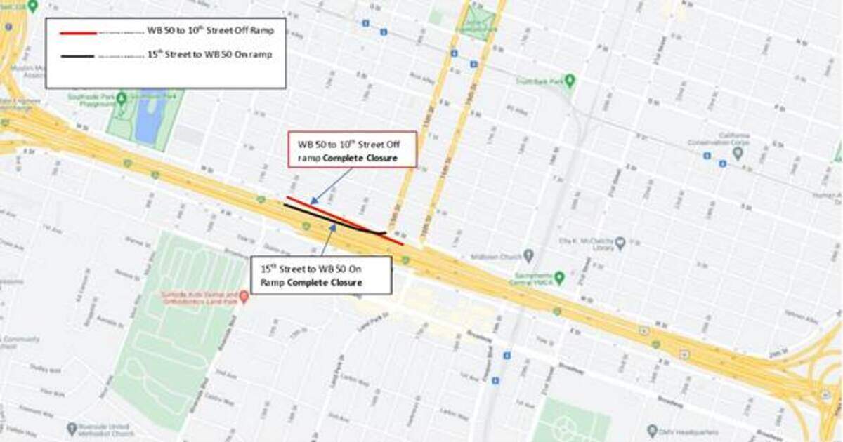 One on-ramp and one offramp along the W-X Freeway (Highway 50) in Sacramento will be closed for concrete pavement work over a period of weeks.