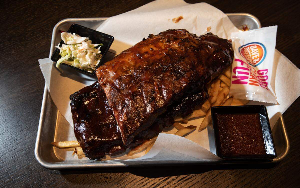 Smokehouse BBQ ribs at Dave & Buster’s entertainment center and restaurant at Vintage Faire Mall in Modesto, Calif., on Thursday, June 2, 2022.