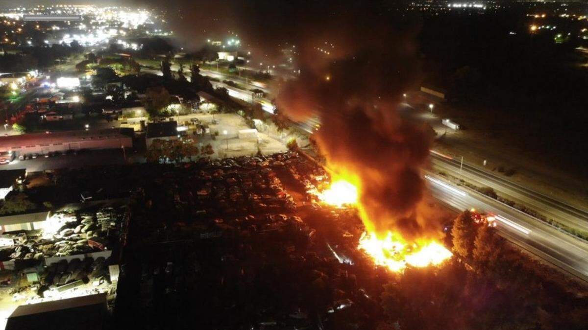 A fire tore through dozens of cars at a wrecking yard on the 500 block of Crows Landing Road in Modesto on Friday night, Oct. 18, 2019.
