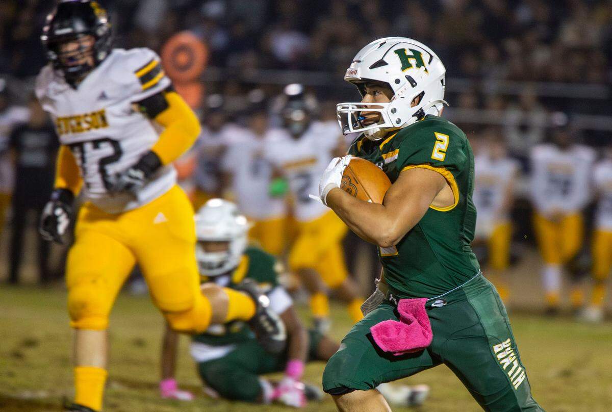 Roy Guillen, 2, of Hilmar High works his way up field during the Trans-Valley League game against Hughson in Hilmar, Calif. on Friday Oct. 25, 2024.