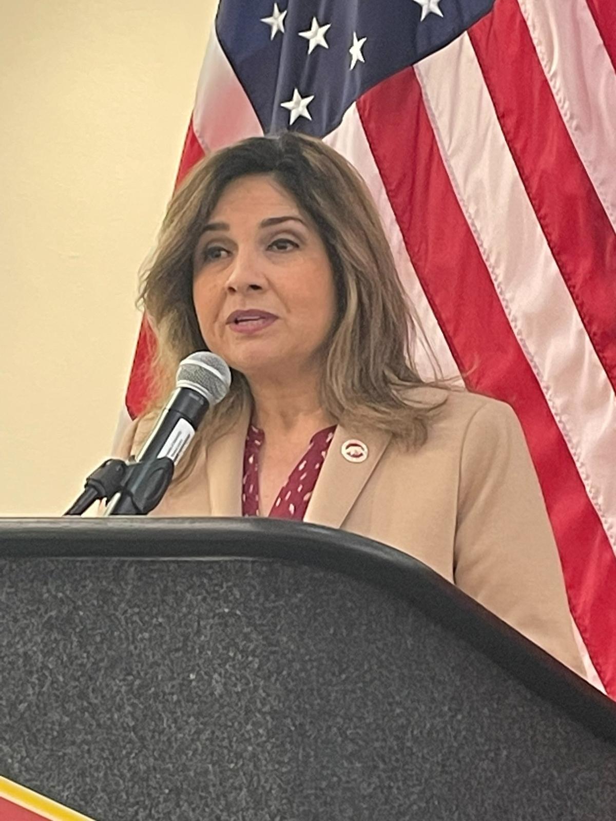 Sen. Marie-Alvarado-Gil, D-Jackson, addresses a town hall meeting on sexual assault awareness at Stanislaus State University in Turlock on Friday, April 14, 2023.