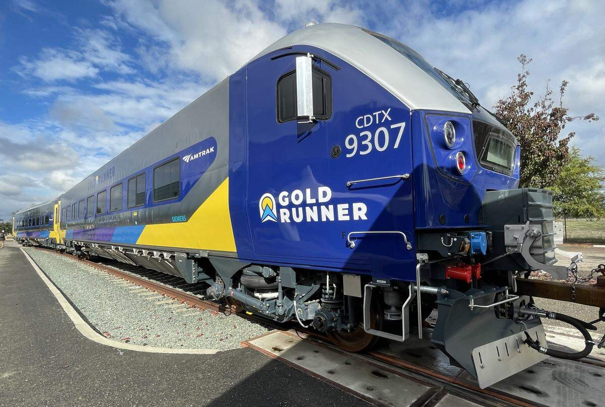 A locomotive bears the Gold Runner name as part of the rebranding of the Amtrak San Joaquins passenger service. It was celebrated in Stockton, Calif., on Nov. 14, 2025.