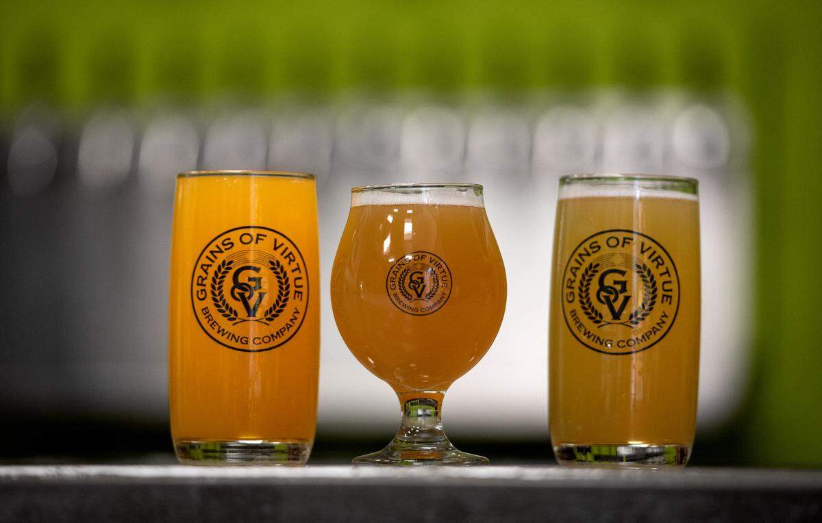 From the left, Tang Seltzer, No Hiccups India pale ale, and Hazy pale ale at Grains of Virtue Brewing Company in Oakdale, Calif., on Thursday Oct. 23, 2020.