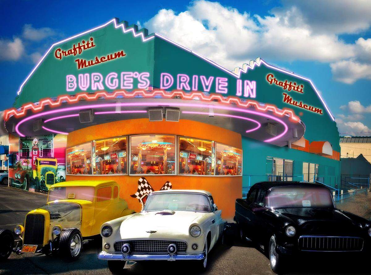 This rendering of the proposed Graffiti USA Classic Car Museum shows a restaurant inspired by Burge’s Drive-In, which operated in Modesto, California, from 1947 to 1967.