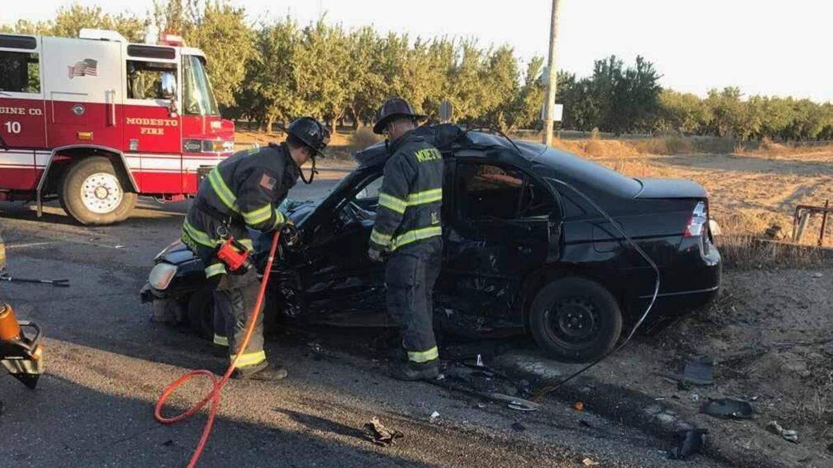 A 29-year-old Ceres man was killed and a 78-year-old Modesto woman was badly hurt in a crash Saturday afternoon at Service and Ustick roads in Ceres.