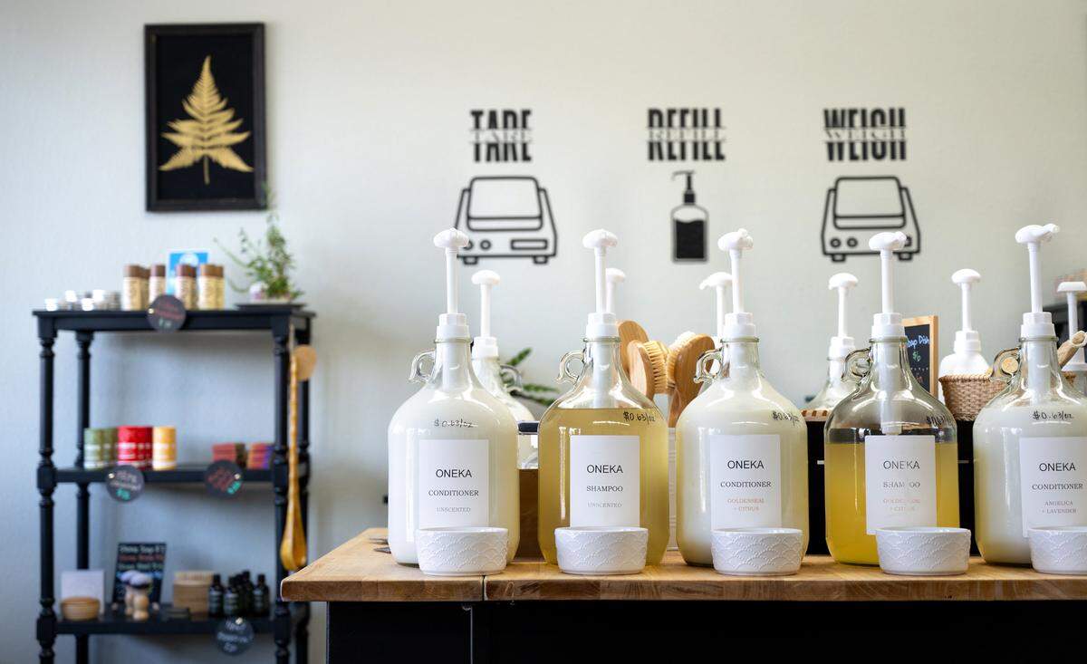 Bulk shampoo and conditioner are some to the items that can be refilled at Ecosource Refillery in Modesto, Calif., Thursday, June 20, 2024.