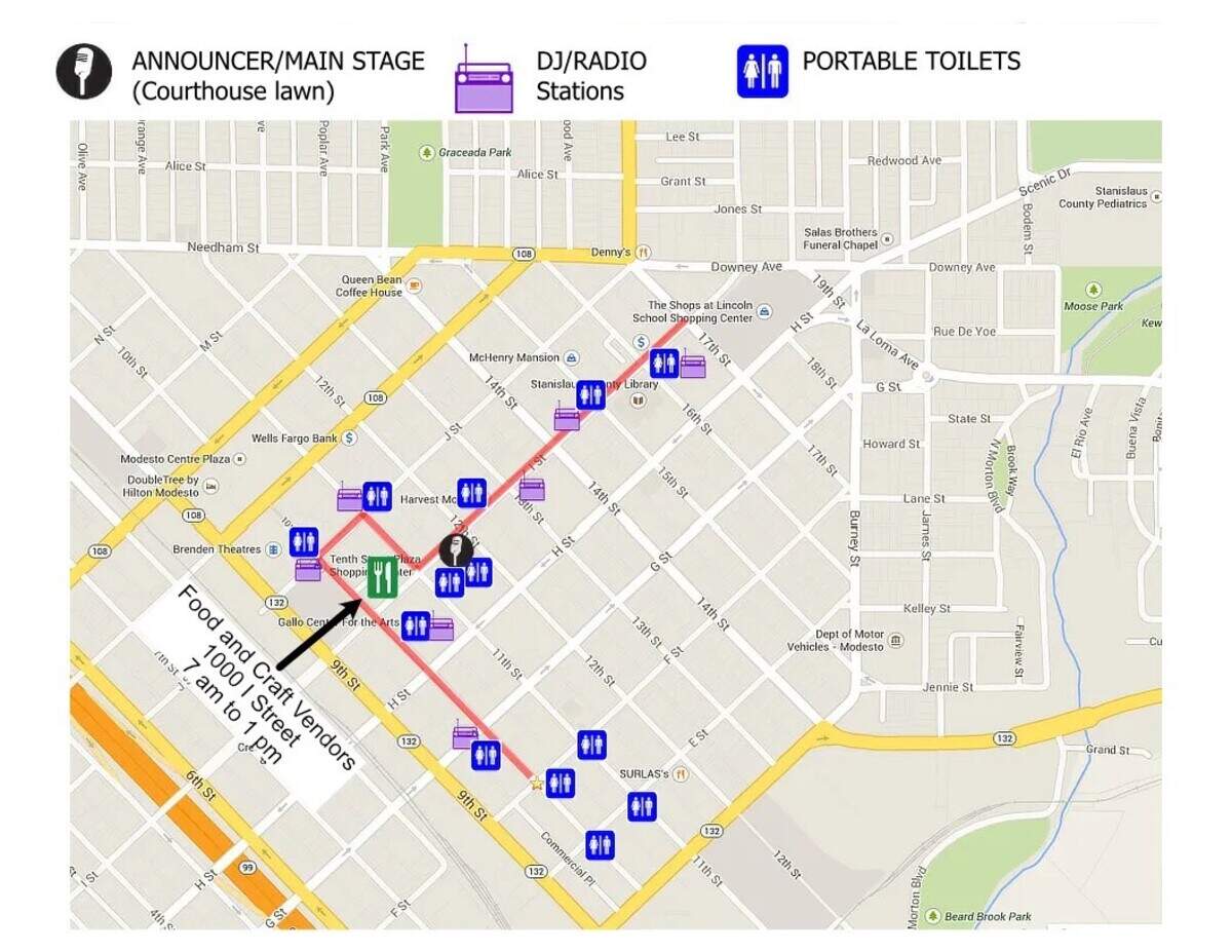 A screenshot of a map of the 2026 Modesto Independence Day Parade route.