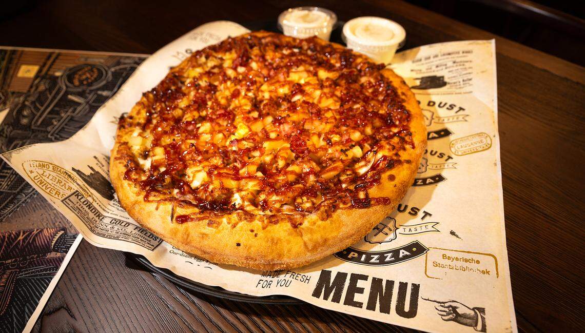 Miner Moe’s BBQ chicken pizza at Gold Dust Pizza Express in Modesto, Thursday, Dec. 5, 2024.