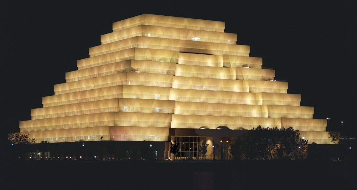 The ziggurat building, occupied by the Money Store, in West Sacramento glows at night lighting in 1998.