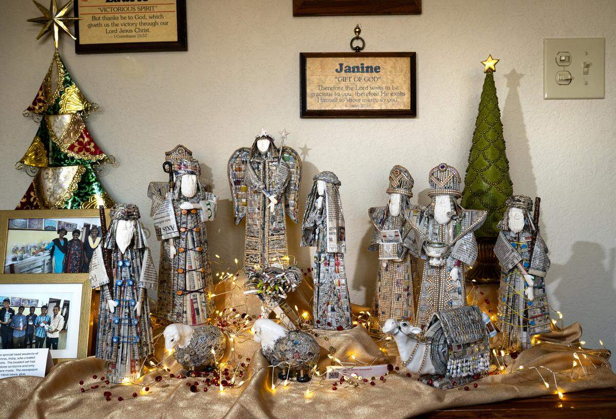 A nativity made of newspaper and beads from India on display at the Conway house. Toni Conway has a collection of 950 nativities, she has staged them in every room of the house, and is hosting a public viewing this season.