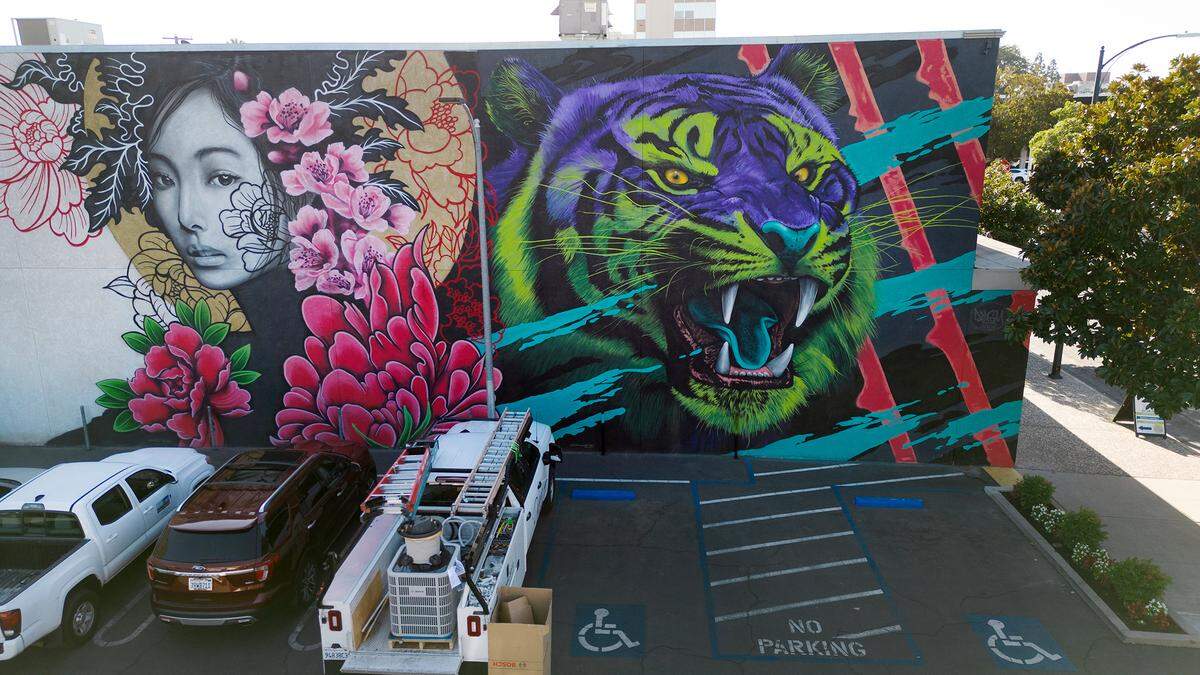 A mural on 12th Street by Shane Gammer was completed during the DoMo Walls mural festival in 2022. Photographed in Modesto, Calif., Thursday, Sept. 28, 2023.
