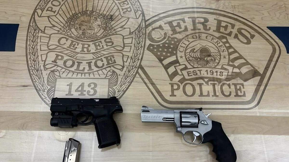 Two firearms recovered by officers during the pursuit were displayed by the Ceres Police Department. Investigators say the weapons were thrown from the stolen Honda during the chase.