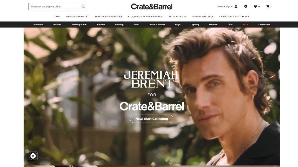 Screen grab of crateandbarrel.com showing Jeremiah Brent.