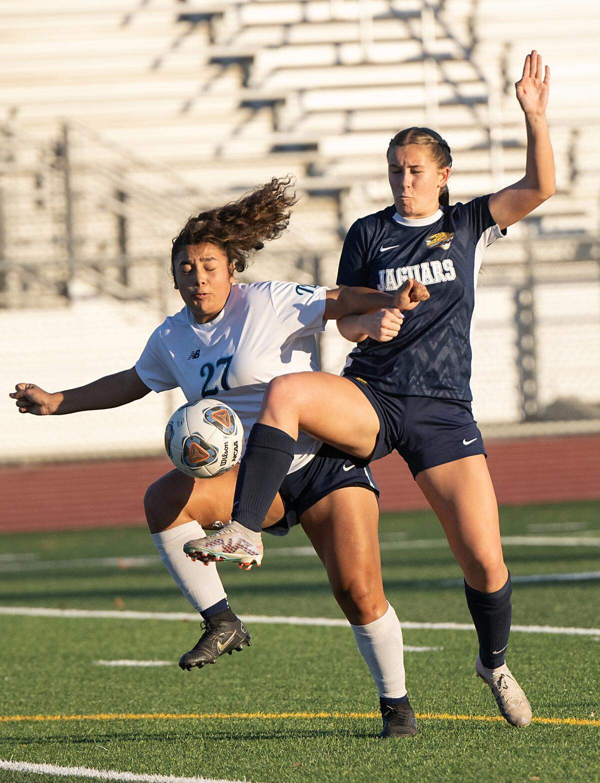 Gregori’s Audrey Moore, right, and Downey’s Samantha Sanchez battle for the ball during the Central California Athletic League game at Gregori High School in Modesto, Thursday, Jan. 9, 2024.
