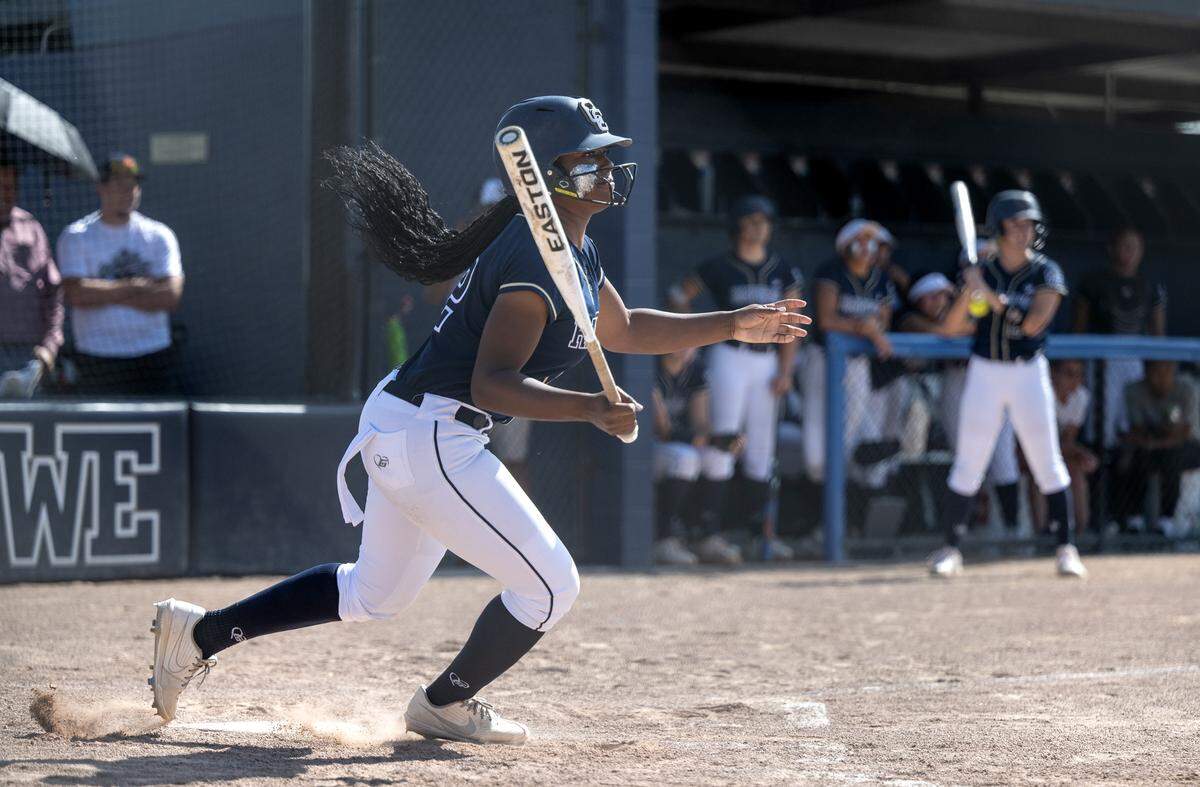 Central Catholic’s Emry Couch hits a single during the Northern California Regional division III semifinal playoff game with Pleasant Valley at Central Catholic High School in Modesto, Calif., Thursday, June 1, 2023.