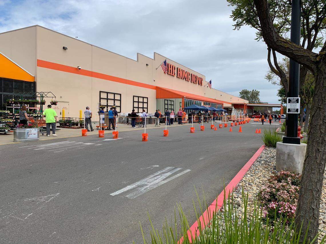 The new metered line due to the coronavirus outside of Home Depot in Ceres, Calif. on April 4, 2020.