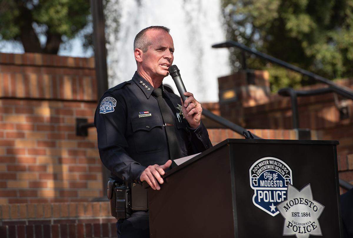 Modesto Police Chief Brandon Gillespie at a swearing-in ceremony in September 2021.