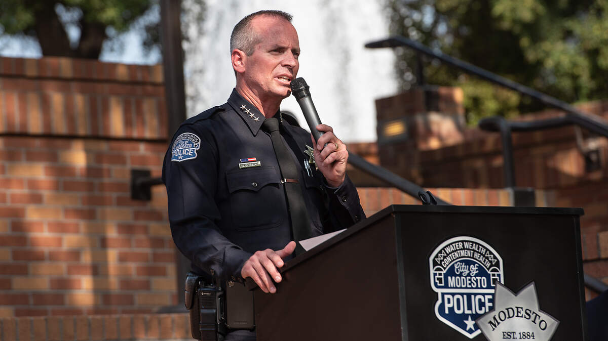 Modesto Police Chief Brandon Gillespie addresses guests during a swearing-in ceremony outside the Modesto Centre Plaza in Modesto, Calif., on Thursday, Sept. 2, 2021.