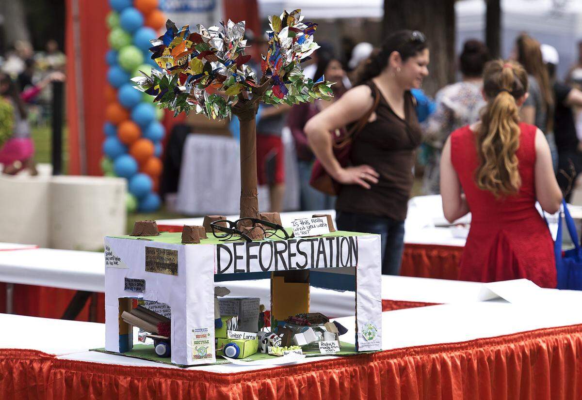 Recycled art entry by Leslie Gomez, from the 6-8 grade category, is on display during Earth Day festivities at Graceada Park in Modesto, Calif., on Saturday, April 22, 2017. 