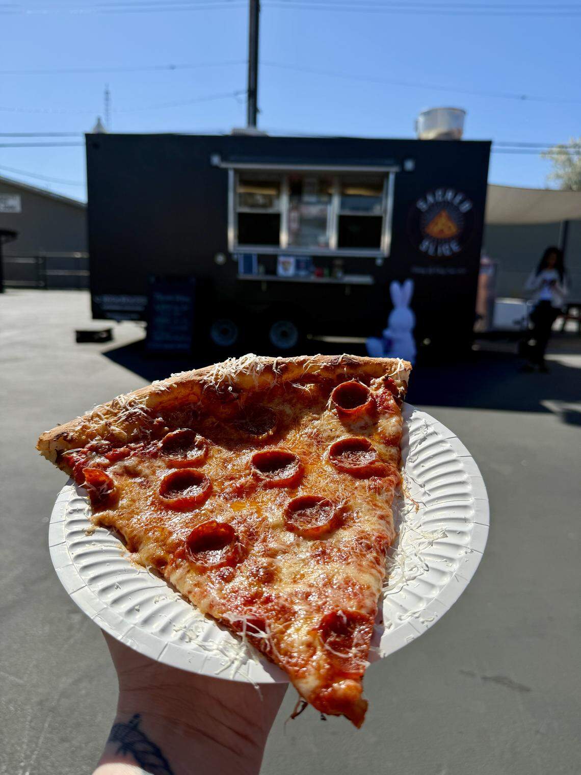 A slice of pepperoni pizza from Sacred Slice in Modesto
